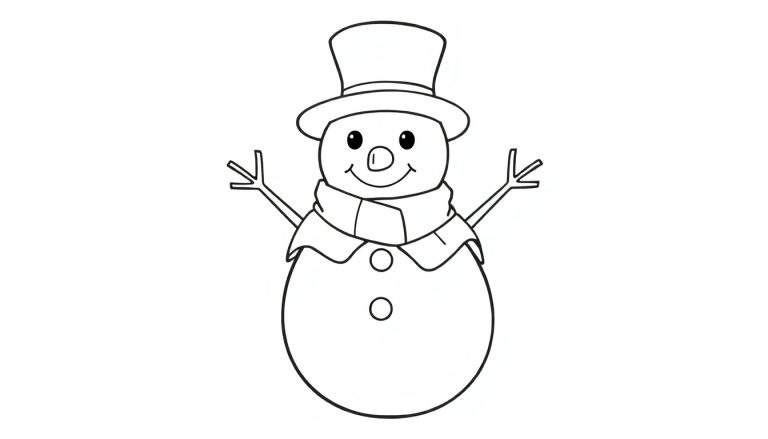 Un bonhomme de neige joyeux avec un chapeau et une écharpe prêt à être coloré dans le color panel.