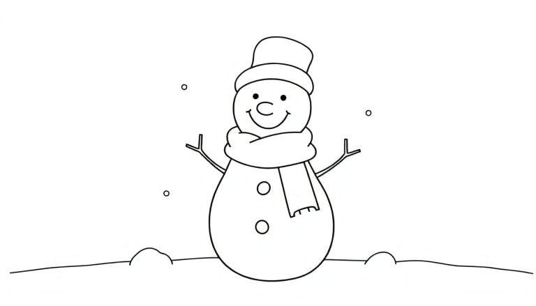 Un bonhomme de neige dessiné au trait, avec un chapeau haut de forme et une écharpe, entouré de flocons.