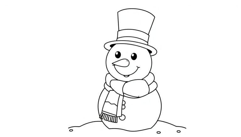 Un bonhomme de neige souriant portant un chapeau haut de forme et une écharpe, dans un style dessin animé, prêt à être coloré sur un color panel.