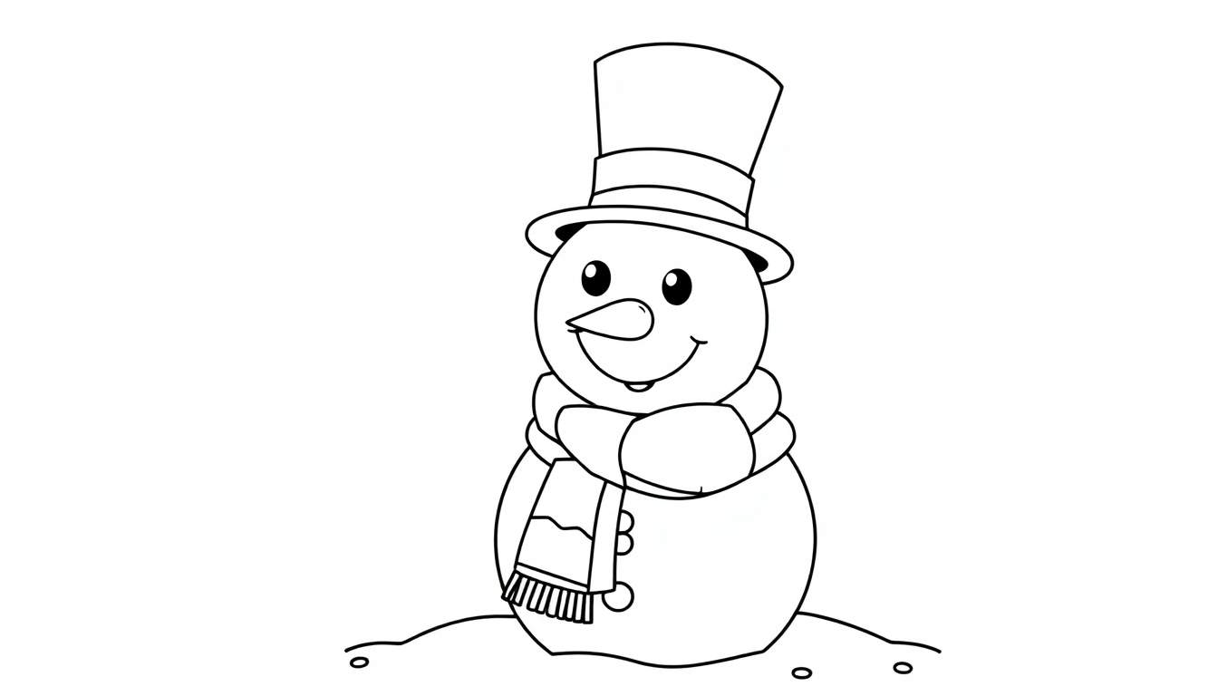 Un bonhomme de neige souriant portant un chapeau haut de forme et une écharpe, dans un style dessin animé, prêt à être coloré sur un color panel.