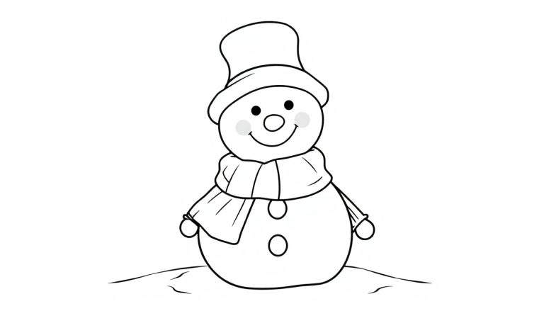 Bonhomme de neige dessiné au trait avec un chapeau haut de forme et une écharpe, prêt pour le color panel.