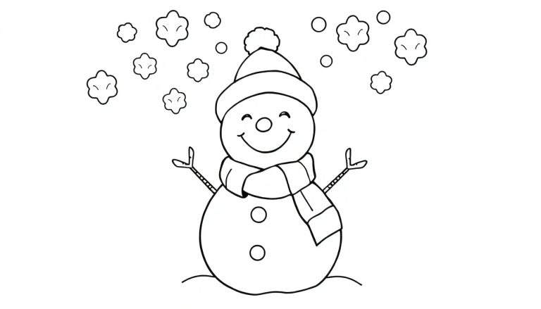 Bonhomme de neige joyeux avec des flocons de neige et un carnet de coloriage.