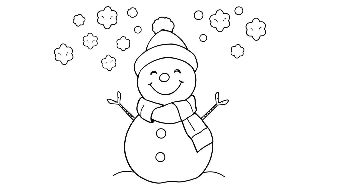Bonhomme de neige joyeux avec des flocons de neige et un carnet de coloriage.