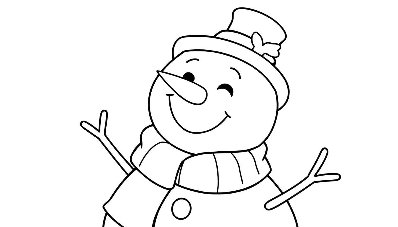 Bonhomme de neige souriant avec chapeau haut de forme, écharpe et nez en carotte, prêt pour le color panel.