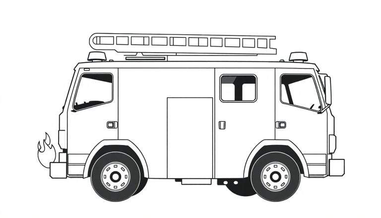 Illustration au trait d'un camion de pompiers avec une échelle, prêt pour le coloriage.