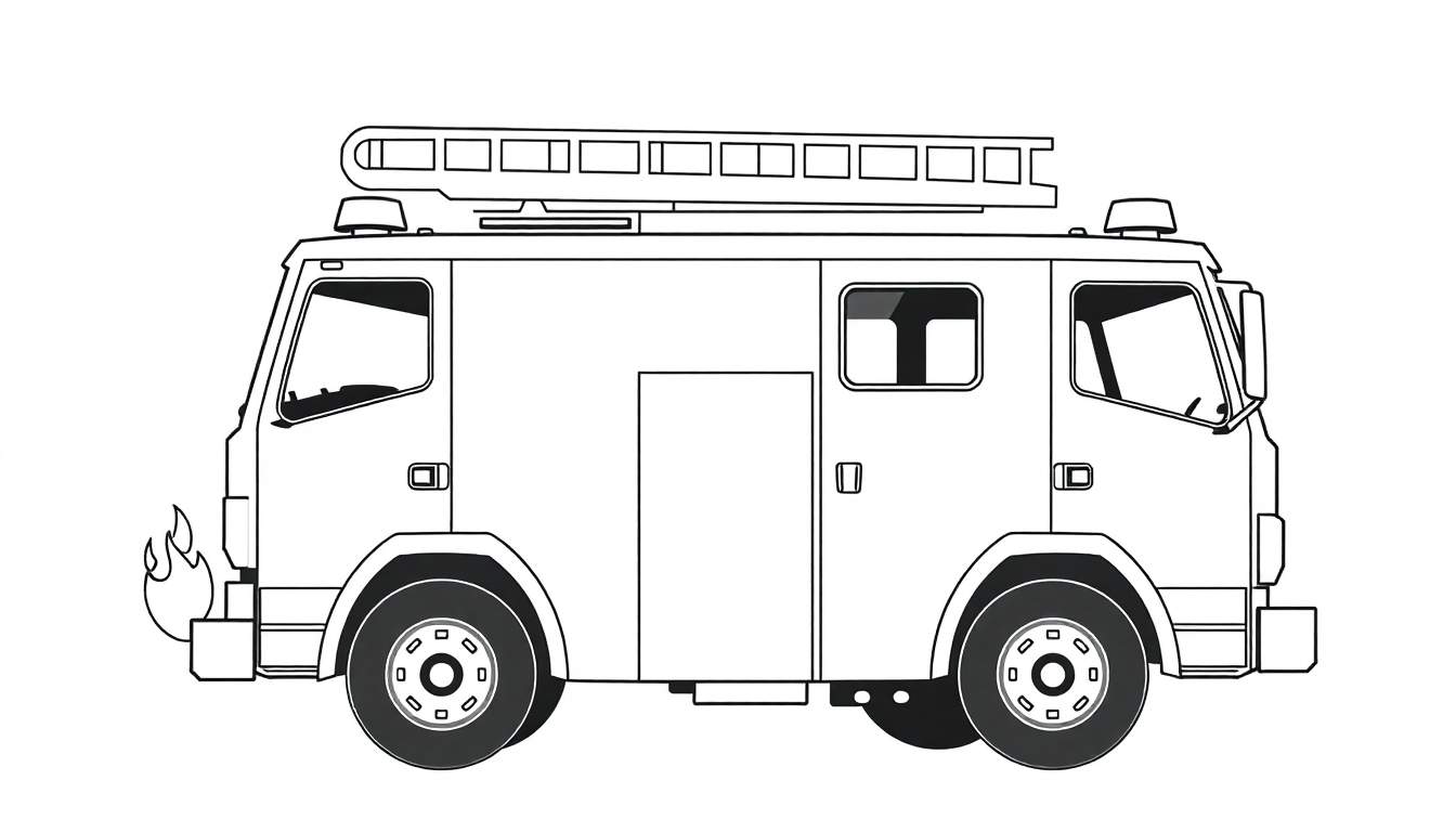 Illustration au trait d'un camion de pompiers avec une échelle, prêt pour le coloriage.