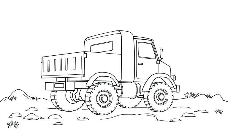 Un camion à benne basculante noir et blanc vu de l'arrière, sur un terrain accidenté, prêt à être coloré, comme un color panel.