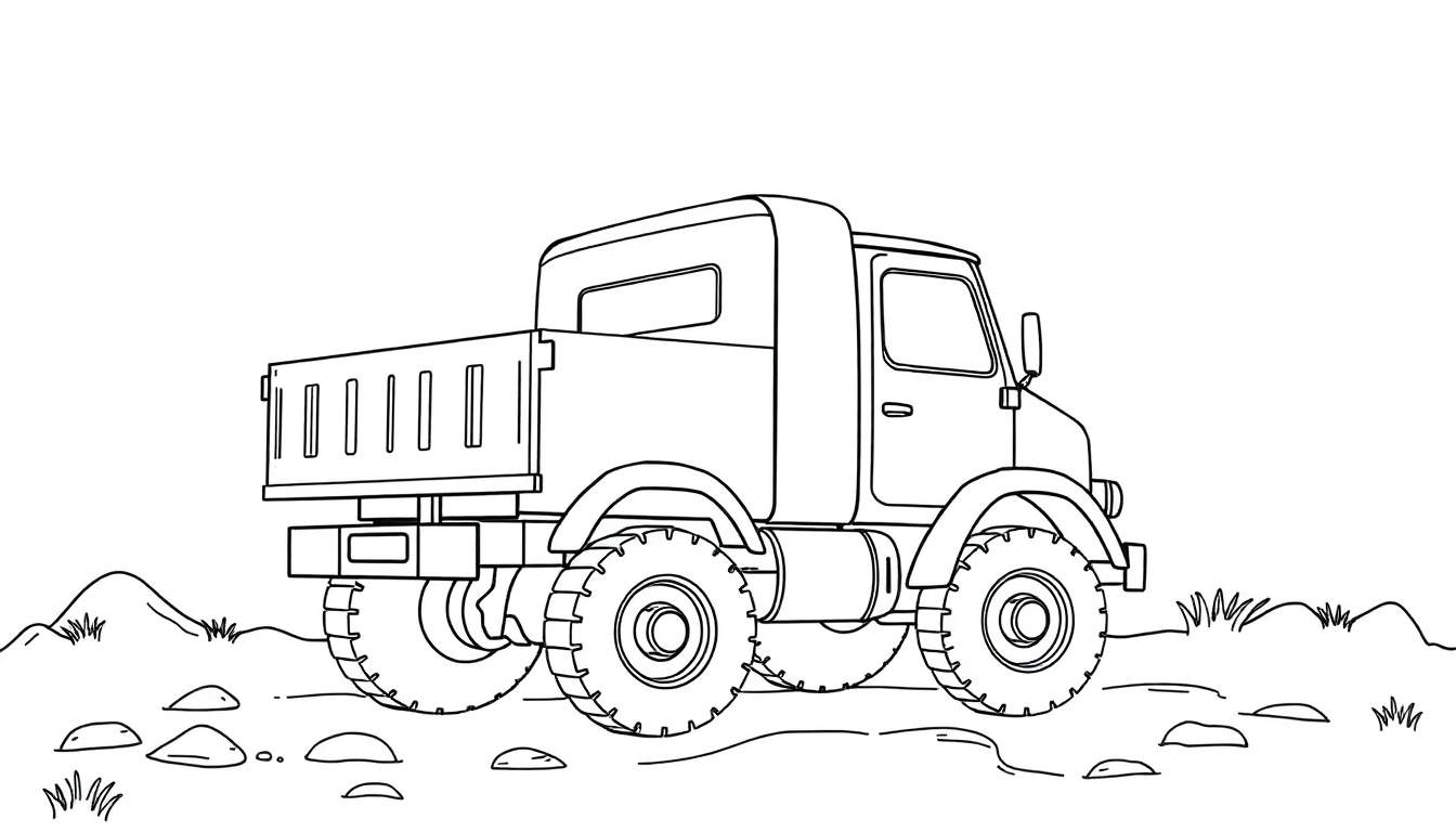 Un camion à benne basculante noir et blanc vu de l'arrière, sur un terrain accidenté, prêt à être coloré, comme un color panel.