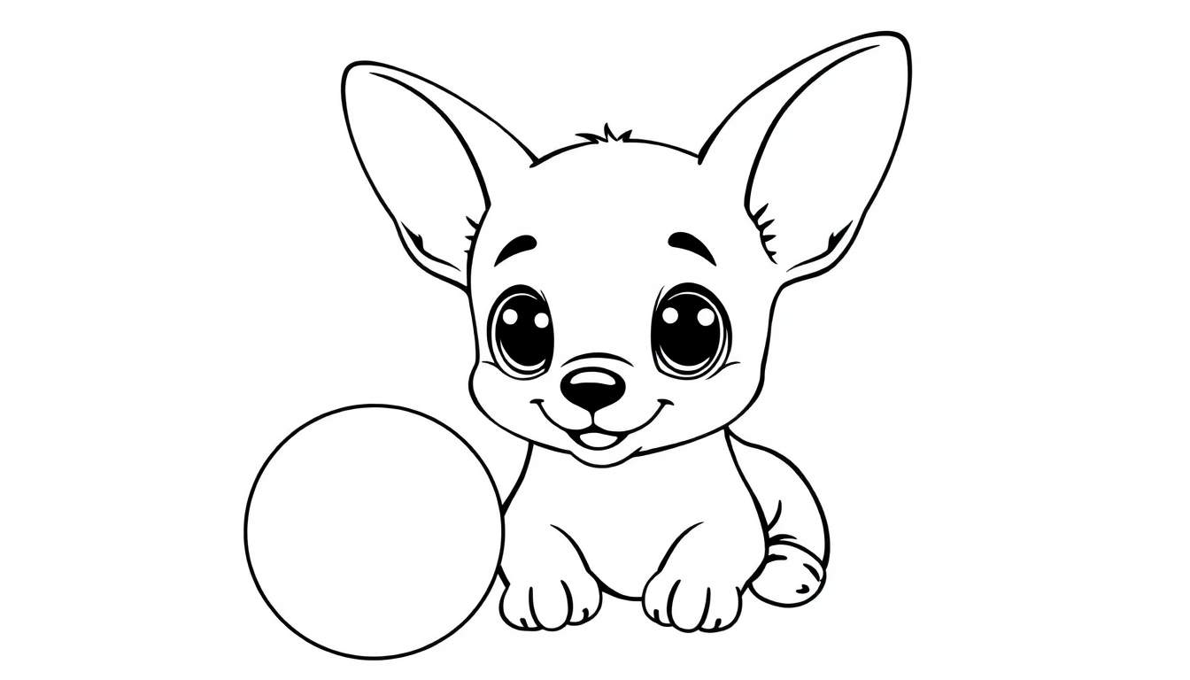 Dessin au trait d'un chiot Chihuahua assis avec de grandes oreilles et un sourire, à côté d'un espace vide pour coloriage.