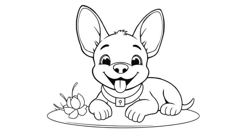 Un chiot souriant aux grandes oreilles, prêt à être colorié, avec une fleur.