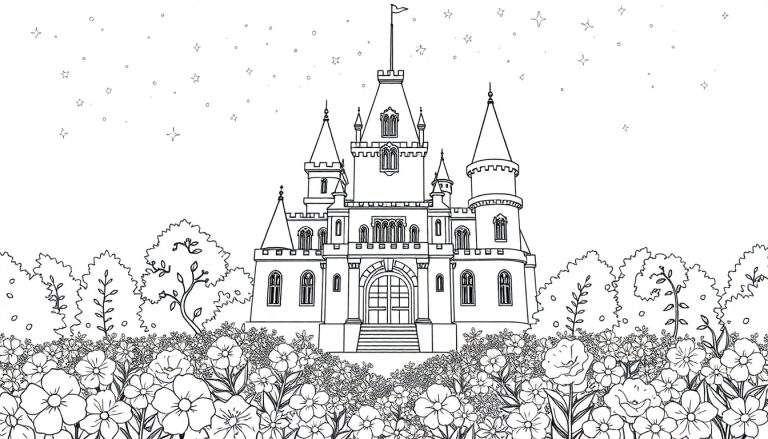 Un château de conte de fées dessiné avec des détails complexes, entouré de fleurs et d'un ciel étoilé, parfait pour un color panel.