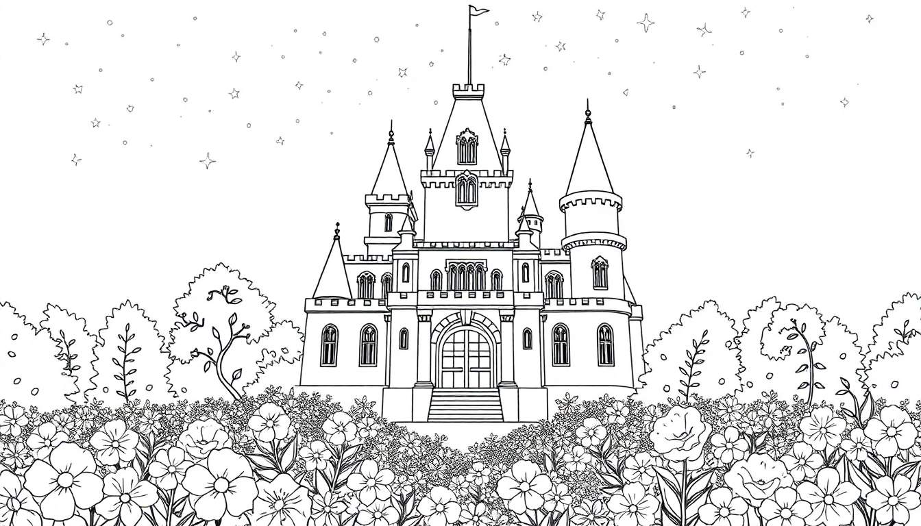 Un château de conte de fées dessiné avec des détails complexes, entouré de fleurs et d'un ciel étoilé, parfait pour un color panel.