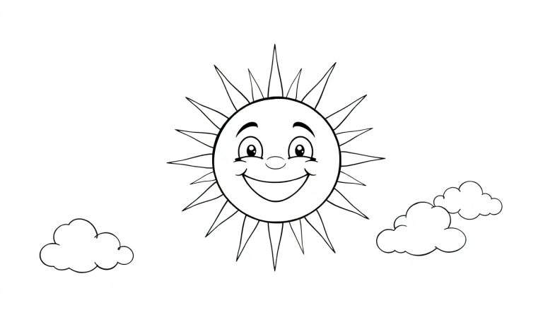 Un dessin au trait d'un soleil souriant avec des nuages, prêt pour le color panel.