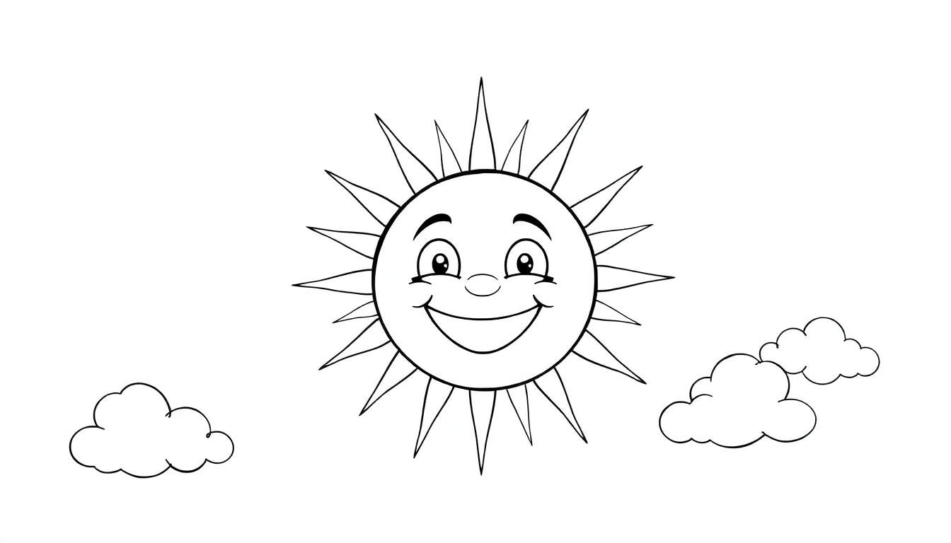 Un dessin au trait d'un soleil souriant avec des nuages, prêt pour le color panel.