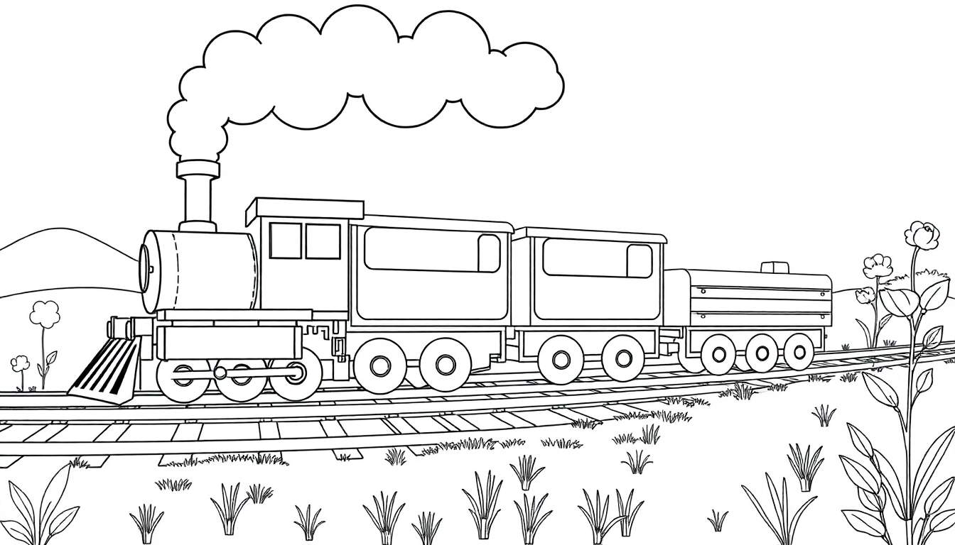 Un train à vapeur dessiné en noir et blanc avec de la fumée qui sort de sa cheminée, prêt à partir sur une voie ferrée bordée de végétation.