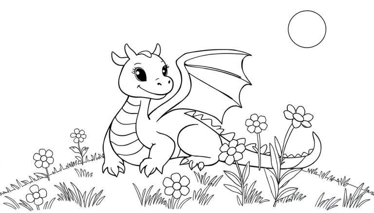 Un gentil dragon assis dans un champ fleuri, prêt à être coloré.