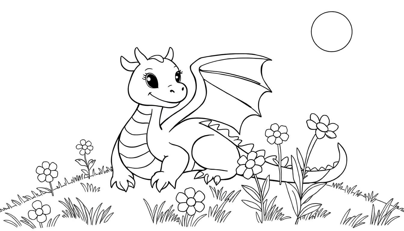 Un gentil dragon assis dans un champ fleuri, prêt à être coloré.