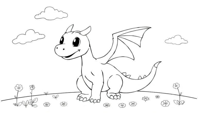 Dessin au trait d'un dragon mignon et amical prêt à être coloré, assis dans l'herbe avec des fleurs et des nuages moelleux dans le ciel, comme un panneau de coloriage.