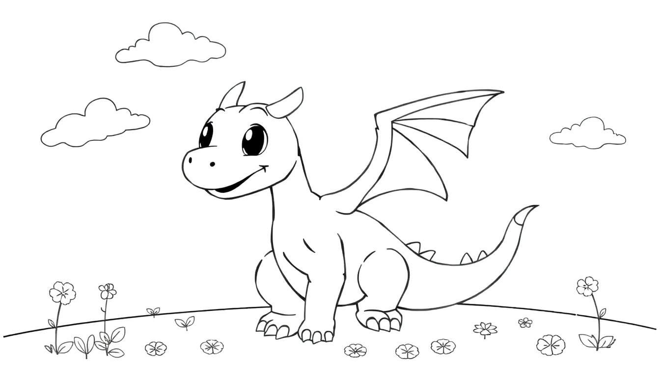 Dessin au trait d'un dragon mignon et amical prêt à être coloré, assis dans l'herbe avec des fleurs et des nuages moelleux dans le ciel, comme un panneau de coloriage.