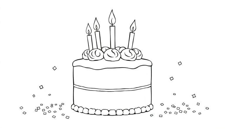 Gâteau d'anniversaire dessiné au trait avec cinq bougies allumées et confettis, parfait pour un color panel.