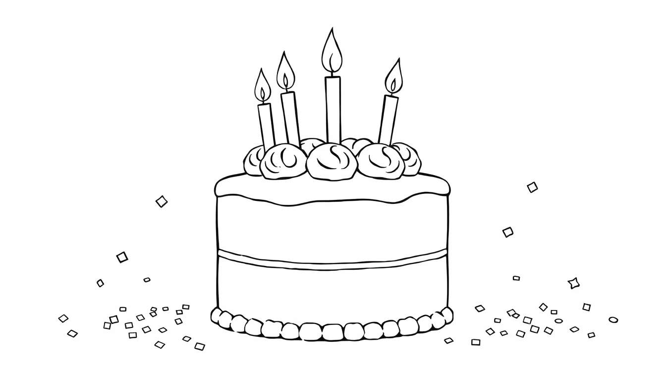 Gâteau d'anniversaire dessiné au trait avec cinq bougies allumées et confettis, parfait pour un color panel.