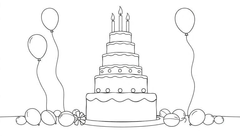 Illustration en noir et blanc d'un gâteau d'anniversaire à plusieurs étages avec trois bougies allumées, entouré de ballons, prêt à être colorié dans le color panel.