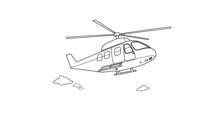 Un hélicoptère de dessin animé noir et blanc volant dans un ciel clair avec des nuages légers.