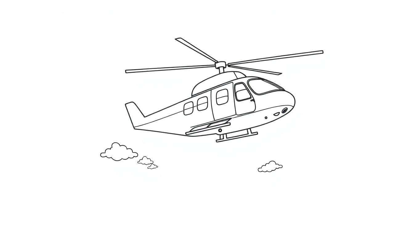 Un hélicoptère de dessin animé noir et blanc volant dans un ciel clair avec des nuages légers.