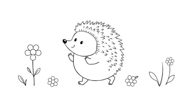 Dessin au trait d'un hérisson souriant se promenant parmi des fleurs, parfait pour un color panel.
