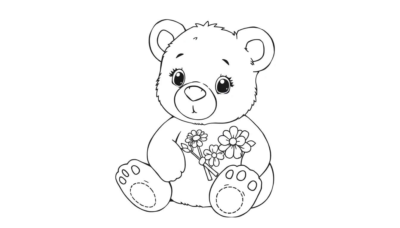 Dessin au trait d'un ours en peluche tenant des fleurs.