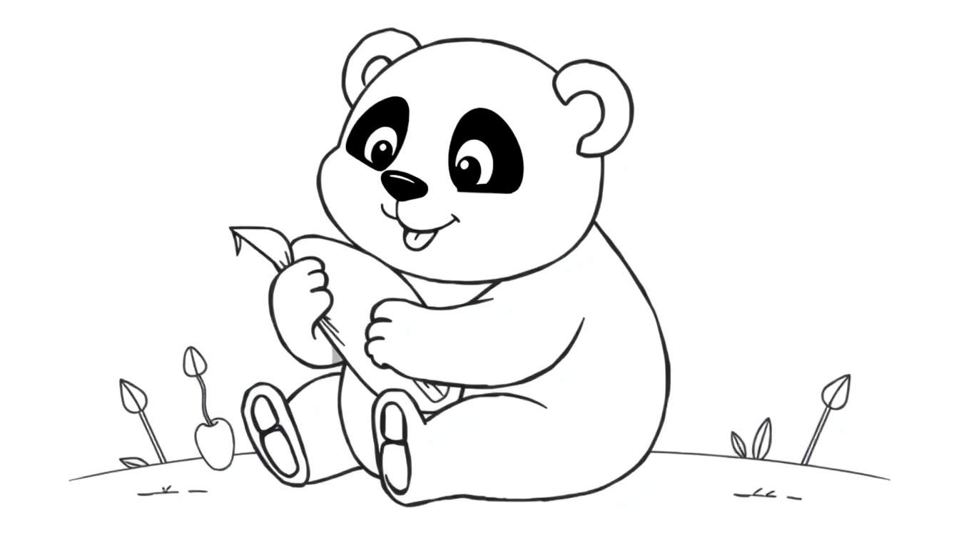Dessin au trait d'un panda souriant assis tenant une pousse de bambou, avec de l'herbe et une cerise à côté.