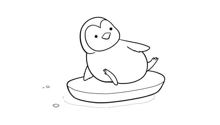 Illustration au trait d'un adorable pingouin de dessin animé assis sur un bloc de glace, prêt à colorier dans le color panel.