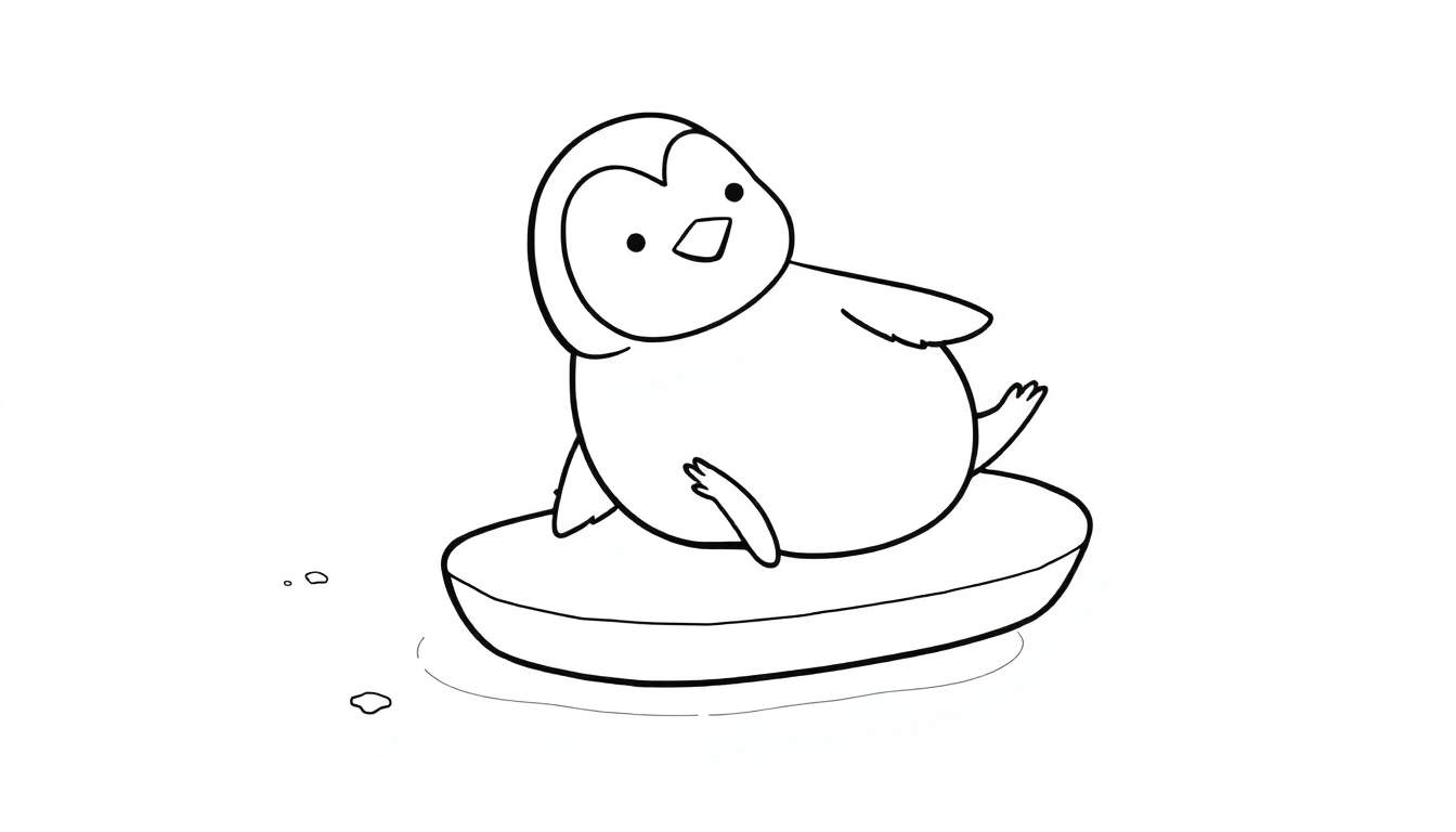 Illustration au trait d'un adorable pingouin de dessin animé assis sur un bloc de glace, prêt à colorier dans le color panel.
