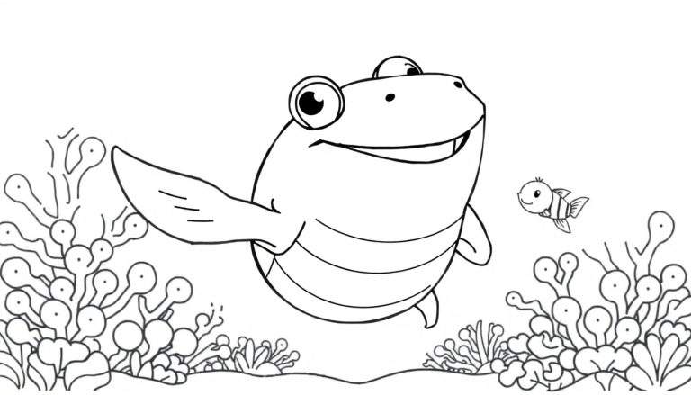 Poisson souriant rayé dans un décor sous-marin pour un coloriage sur un color panel.