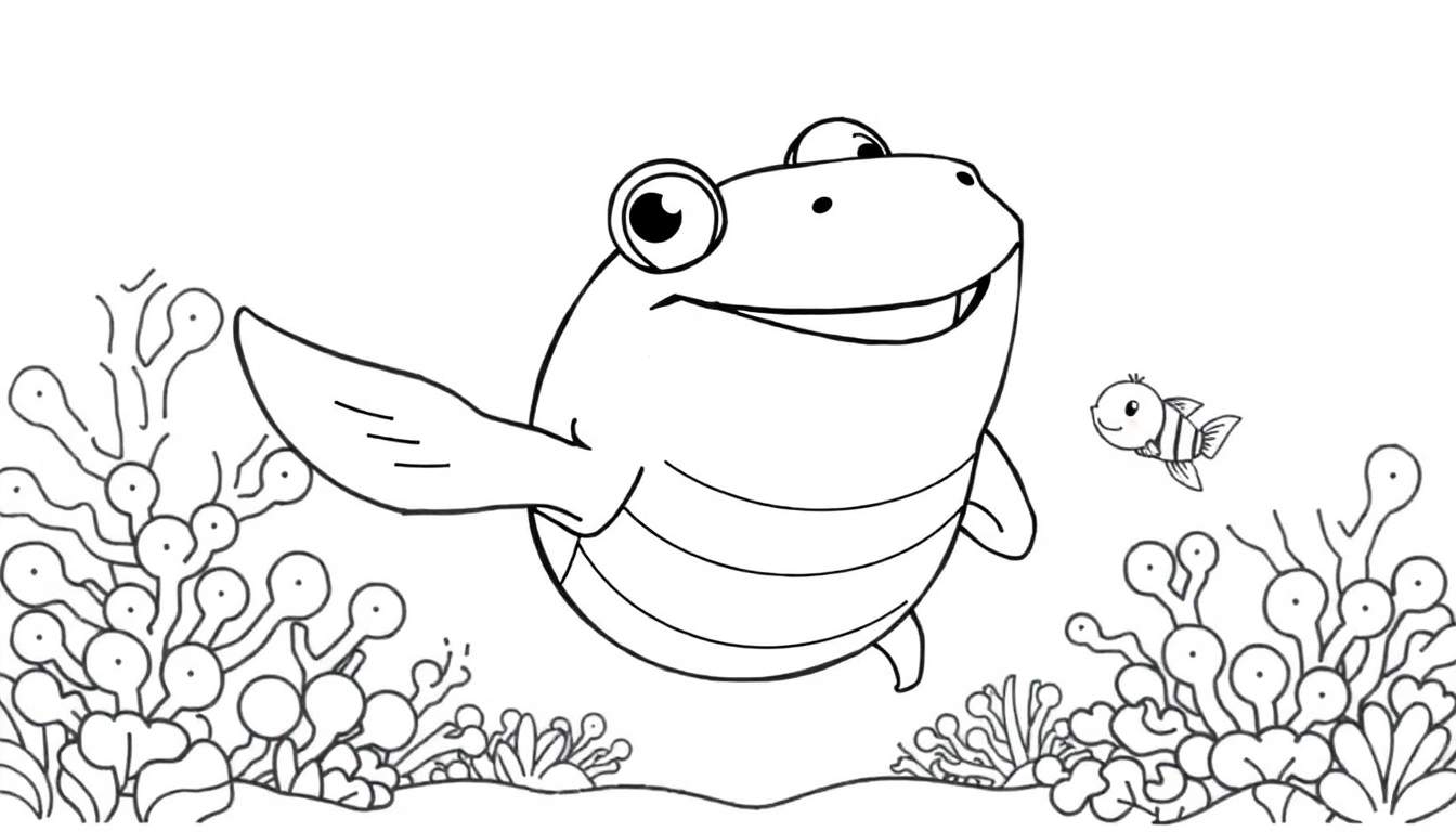Poisson souriant rayé dans un décor sous-marin pour un coloriage sur un color panel.