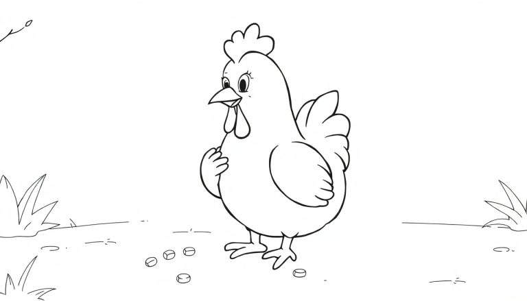 Un dessin au trait simple et enfantin d'une poule dans un champ, avec un color panel à proximité.