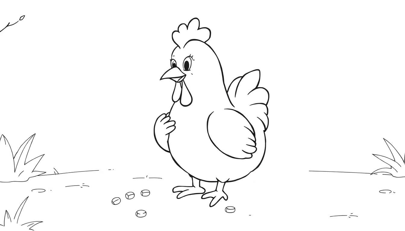 Un dessin au trait simple et enfantin d'une poule dans un champ, avec un color panel à proximité.