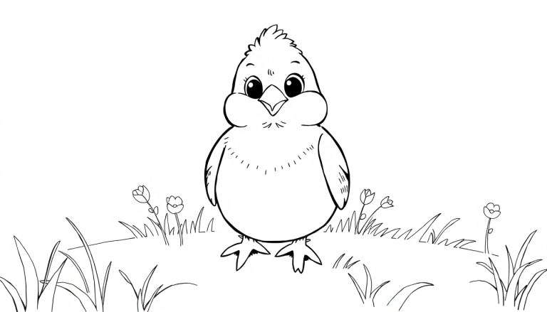 Poussin mignon en noir et blanc à colorier.