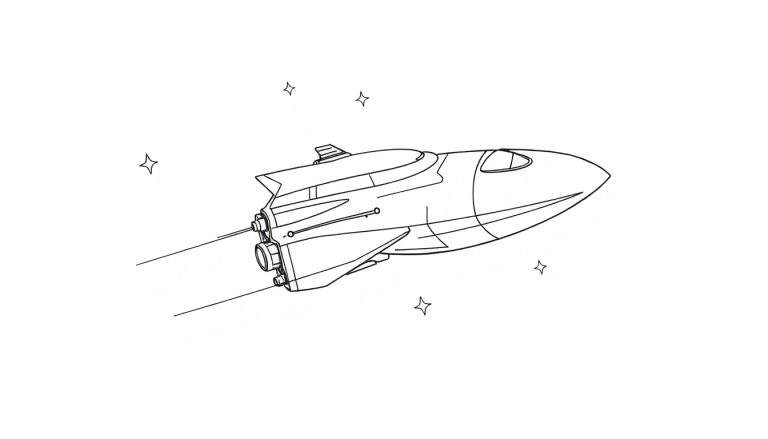 Vaisseau spatial dessiné au trait, sur fond d'étoiles et de color panel.