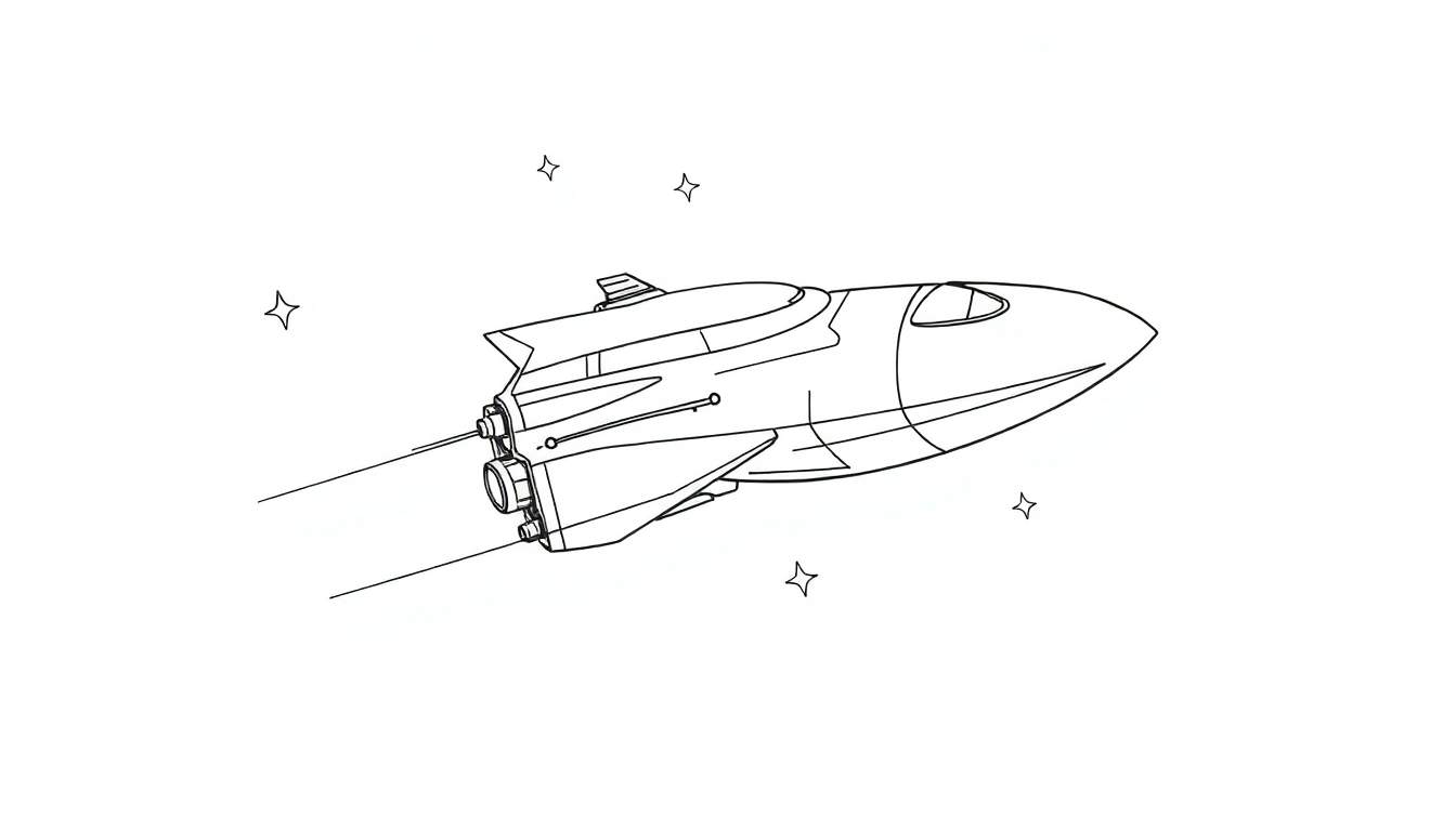 Vaisseau spatial dessiné au trait, sur fond d'étoiles et de color panel.
