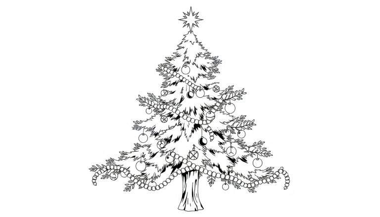 Un dessin au trait d'un sapin de Noël décoré avec des boules et une étoile, prêt à être coloré par les enfants sur un color panel.
