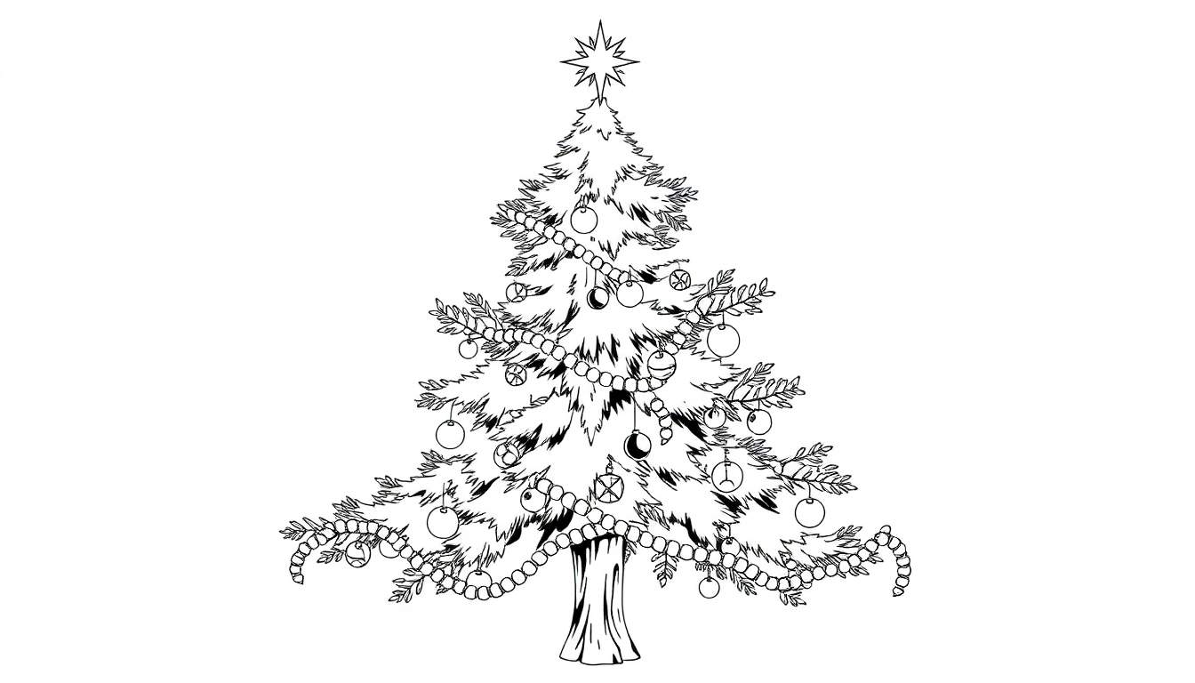Un dessin au trait d'un sapin de Noël décoré avec des boules et une étoile, prêt à être coloré par les enfants sur un color panel.