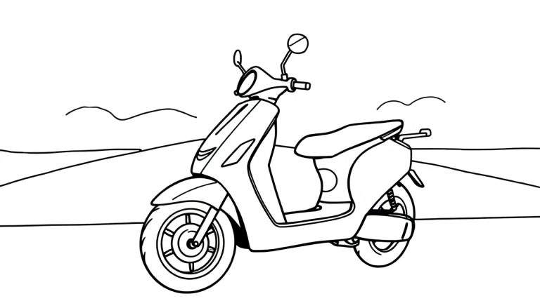 Un scooter dessiné au trait en noir et blanc, prêt à être colorisé, avec un arrière-plan minimaliste.