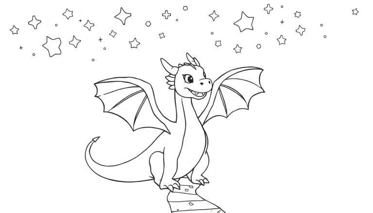 Dessin au trait d'un dragon mignon sur fond d'étoiles, prêt à être coloré.