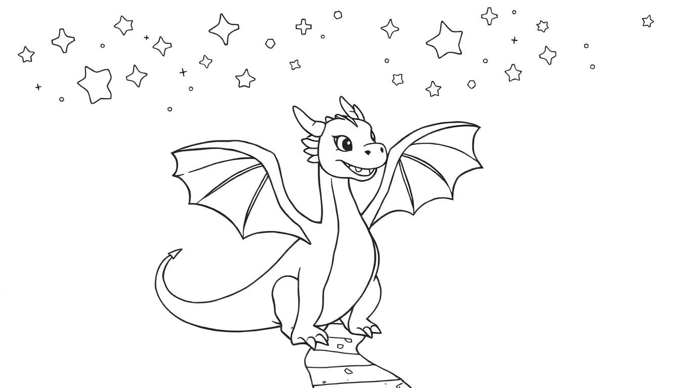 Dessin au trait d'un dragon mignon sur fond d'étoiles, prêt à être coloré.