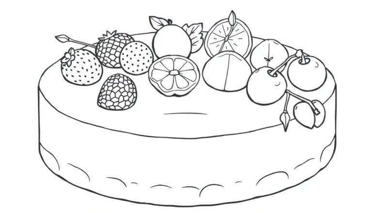 Gâteau noir et blanc avec des fruits, style dessin au trait pour un panneau coloré.