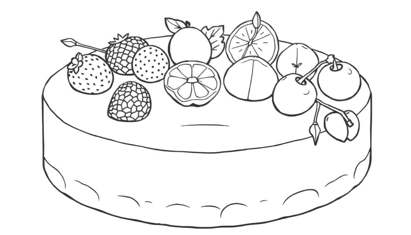 Gâteau noir et blanc avec des fruits, style dessin au trait pour un panneau coloré.