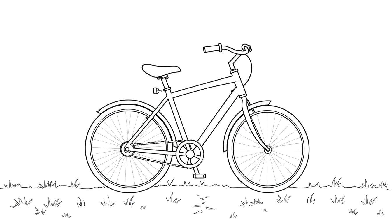 Un vélo dessiné, prêt à être coloré, avec une roue avant, un guidon, une selle, un pédalier, une chaîne et une roue arrière, sur un terrain herbeux. Un color panel pour l'imagination.