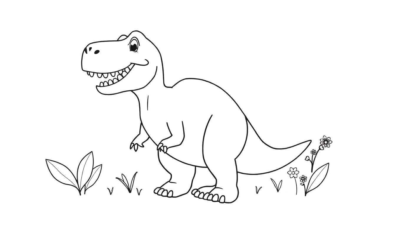 Dessin au trait d'un T-Rex souriant avec de la végétation, conçu pour être colorisé.