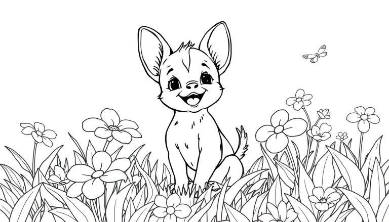 Un chiot joyeux dans un jardin de fleurs prêt à être coloré, avec un papillon.